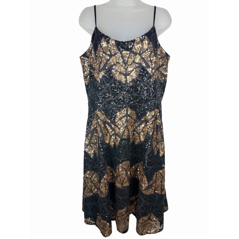 Dress The Population Nikki Geometric Sequin Dress XL Black Gold Sleeveless‎